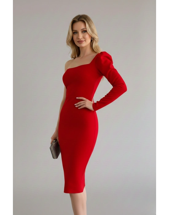 Kadın Tek Kol Midi Boy Krep Kumaş Elbise