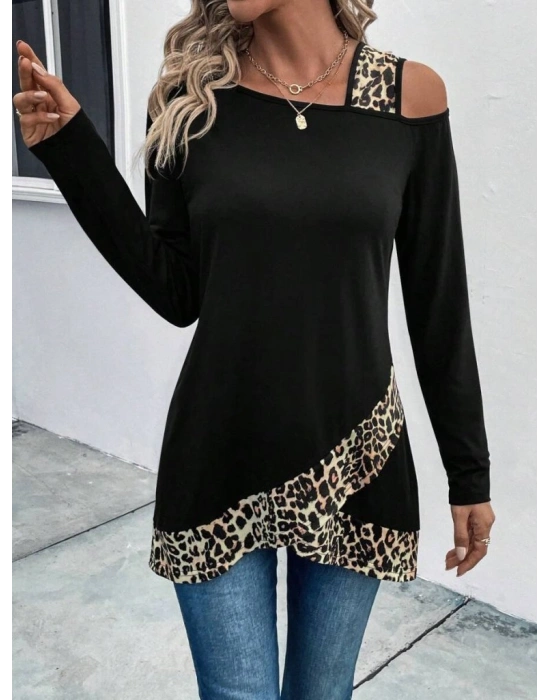 Kadın Tek O Uzdan Açık Askılı Uzun Kollu Leopar Detaylı Viskon Bluz
