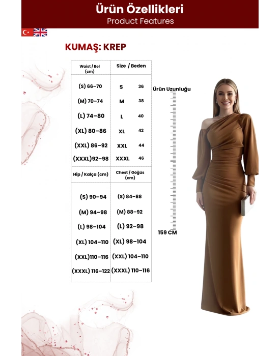 Kadın Tek Omuz Açık Detay İthal Krep Kumaş Maxi Boy Uzun Kol Elbise