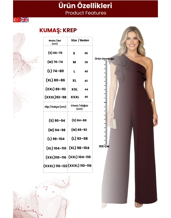 Kadın Tek Omuz Detay Fırfırlı Krep Kumaş Tulum