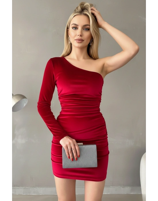 Kadın Tek Omuz Drapeli Kadife Mini Elbise