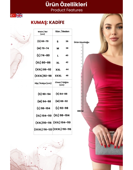 Kadın Tek Omuz Drapeli Kadife Mini Elbise
