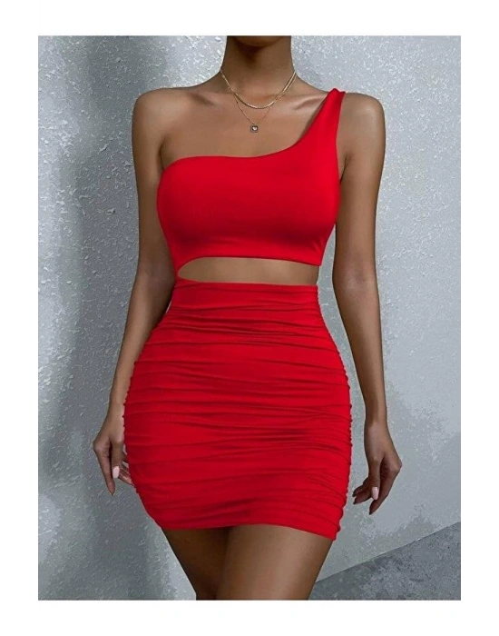 Kadın Tek Omuz Kesim Detaylı Büzgülü Fantezi Elbise 5078