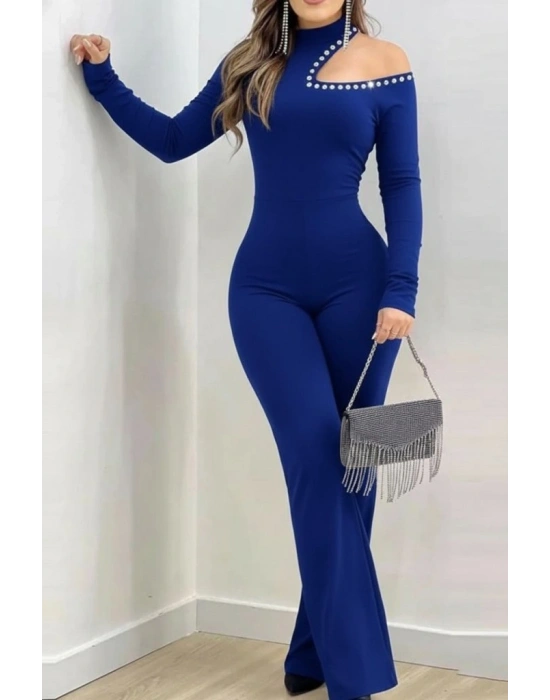 Kadın Tek Omuzdan Açık Balıkçı Yaka Taş Detaylı Uzun Ithal Krep Tulum