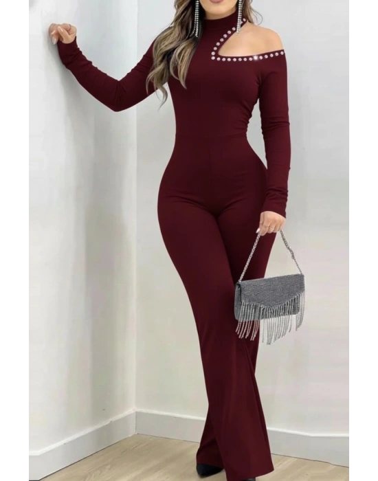 Kadın Tek Omuzdan Açık Balıkçı Yaka Taş Detaylı Uzun Ithal Krep Tulum