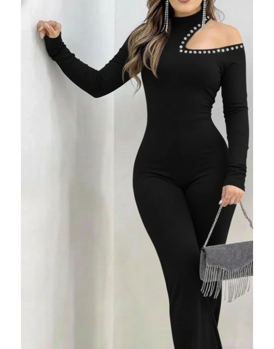 Kadın Tek Omuzdan Açık Balıkçı Yaka Taş Detaylı Uzun Ithal Krep Tulum