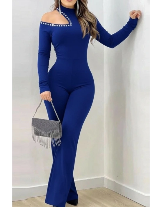 Kadın Tek Omuzdan Açık Balıkçı Yaka Taş Detaylı Uzun Ithal Krep Tulum