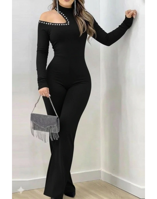 Kadın Tek Omuzdan Açık Balıkçı Yaka Taş Detaylı Uzun Ithal Krep Tulum