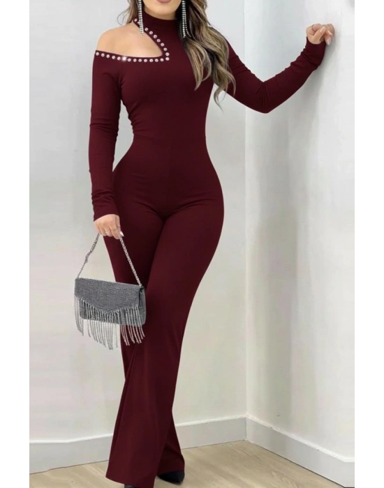 Kadın Tek Omuzdan Açık Balıkçı Yaka Taş Detaylı Uzun Ithal Krep Tulum