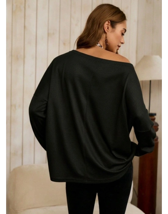 Kadın Tek Omuzdan Açık Yarasa Kollu Waffle Bluz