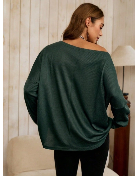 Kadın Tek Omuzdan Açık Yarasa Kollu Waffle Bluz