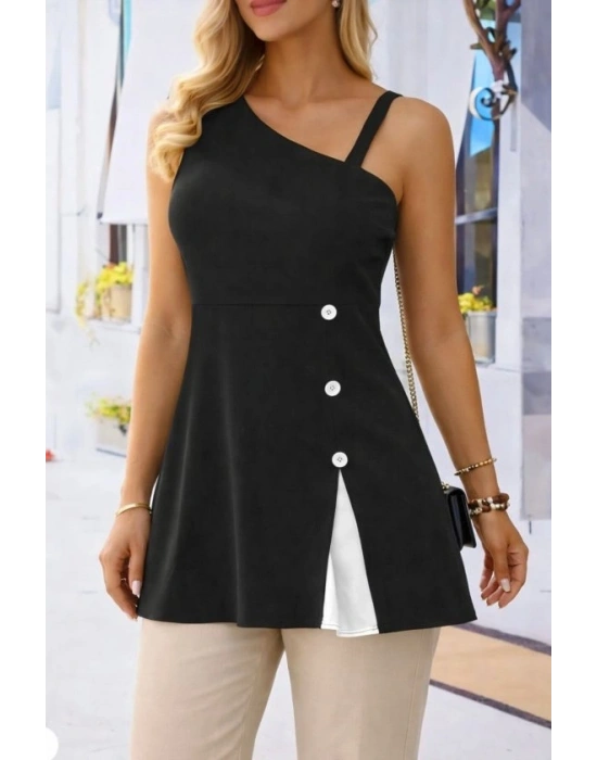 Kadın Tek Omuzdan Askılı şerit Detaylı Düğmeli Viskon Bluz