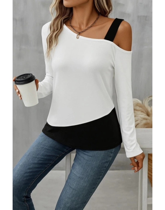 Kadın Tek Omuzu Açık Askılı çift Renkli Uzun Kollu Viskon Bluz