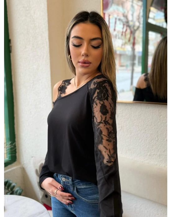 Kadın Tek Omuzu Açık Askılı Dantelli Viskon Bluz