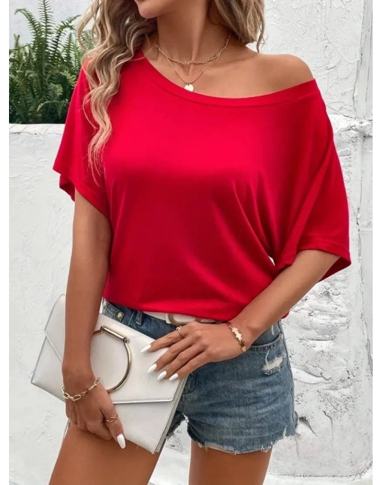 Kadın Tek Omuzu Açık Kısa Kollu Salaş Viskon Bluz