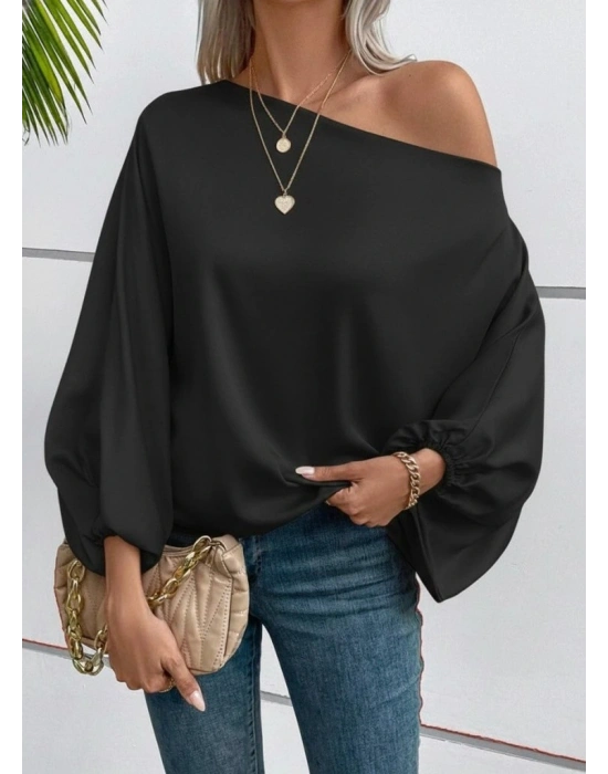 Kadın Tek Omuzu Açık Uzun Kollu Salaş Sandy Bluz