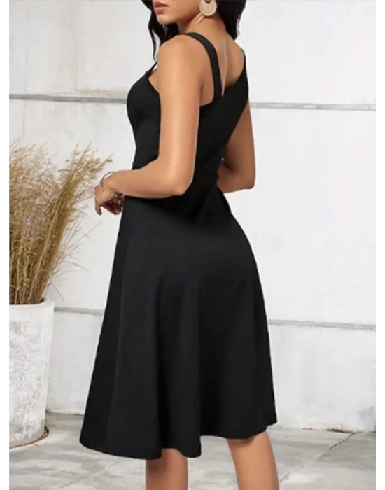 Kadın Tek Omuzu şerit Detaylı Sıfır Kol Yandan Düğme Detaylı Janjan Krep Elbise