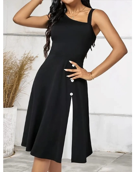 Kadın Tek Omuzu şerit Detaylı Sıfır Kol Yandan Düğme Detaylı Janjan Krep Elbise