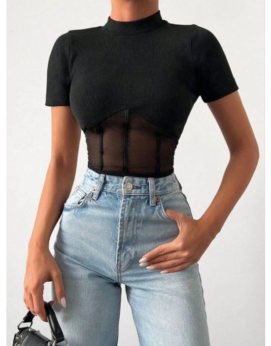 Kadın Transparan Detay Kısa Kol Kaşkorse Bluz