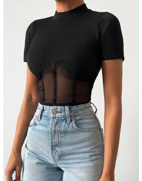 Kadın Transparan Detay Kısa Kol Kaşkorse Bluz