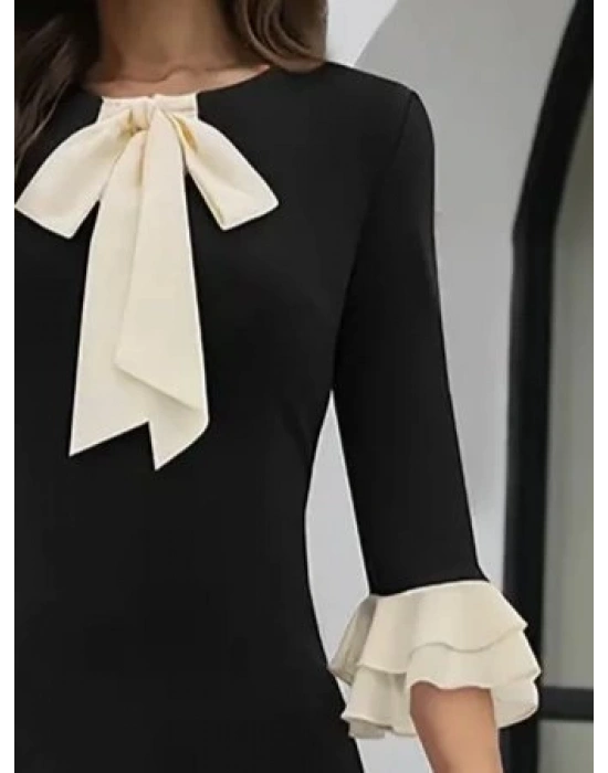 Kadın Truvakar Kollu Fiyonk Yakalı Midi Ithal Krep Elbise