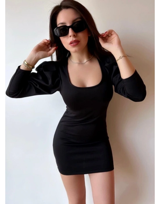 Kadın U Yaka Balon Omuz Ve Fakir Kol Detay Mini Elbise