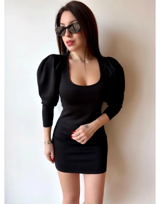 Kadın U Yaka Balon Omuz Ve Fakir Kol Detay Mini Elbise