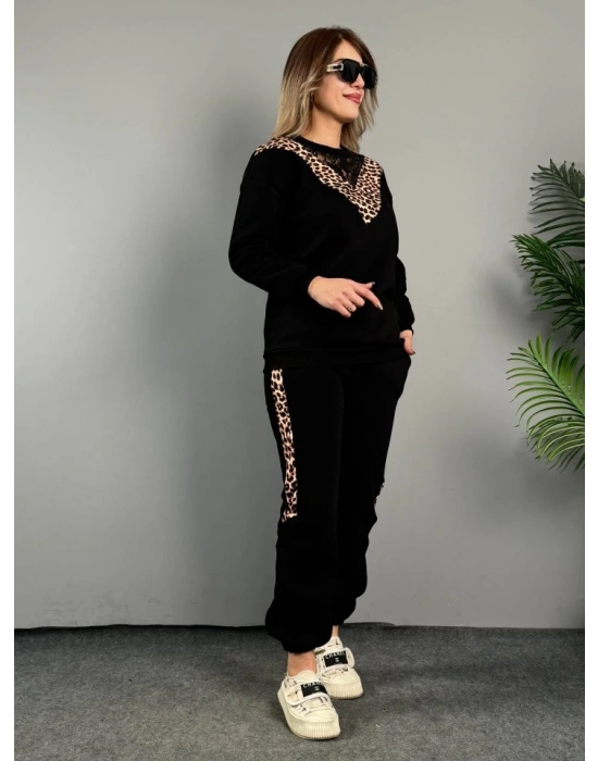 Kadın üç Iplik Kumaş Leopar Desenli Dantel Detaylı Ikili Takım