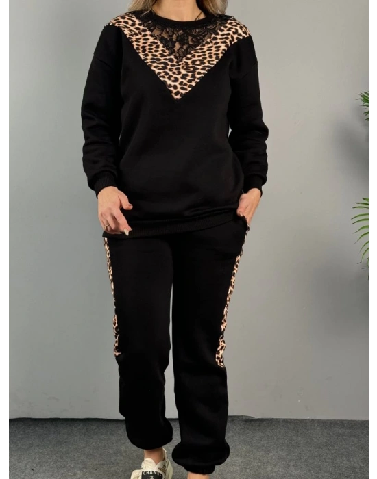 Kadın üç Iplik Kumaş Leopar Desenli Dantel Detaylı Ikili Takım