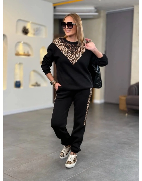 Kadın üç Iplik Kumaş Leopar Desenli Dantel Detaylı Ikili Takım