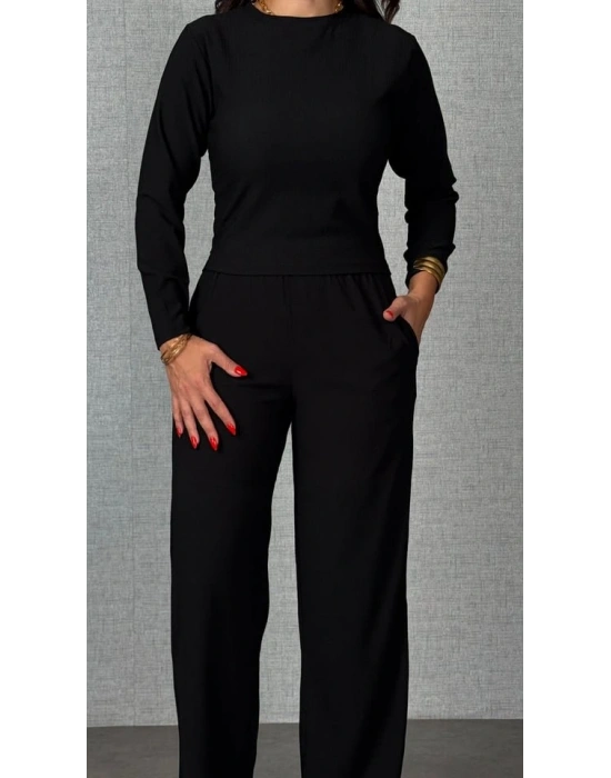 Kadın Uzun Kol Bisiklet Yaka Bürümcük Bluz Ve Pantolon Ikili Takım