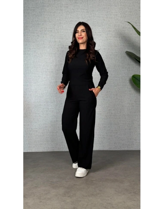 Kadın Uzun Kol Bisiklet Yaka Bürümcük Bluz Ve Pantolon Ikili Takım
