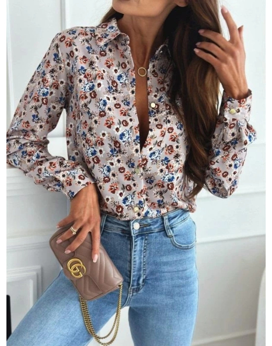 Kadın Uzun Kol Cep Detay çiçek Baskılı Mosskrep Kumaş Gömlek