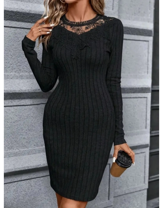 Kadın Uzun Kol Dantel Yaka Detaylı Kısa şardonlu Elbise