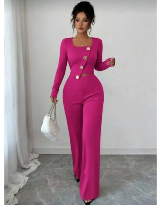 Kadın Uzun Kol Kare Yaka Asimetrik Düğme Detay Bluz Ve Yüksek Bel Pantolon Ikili Takım