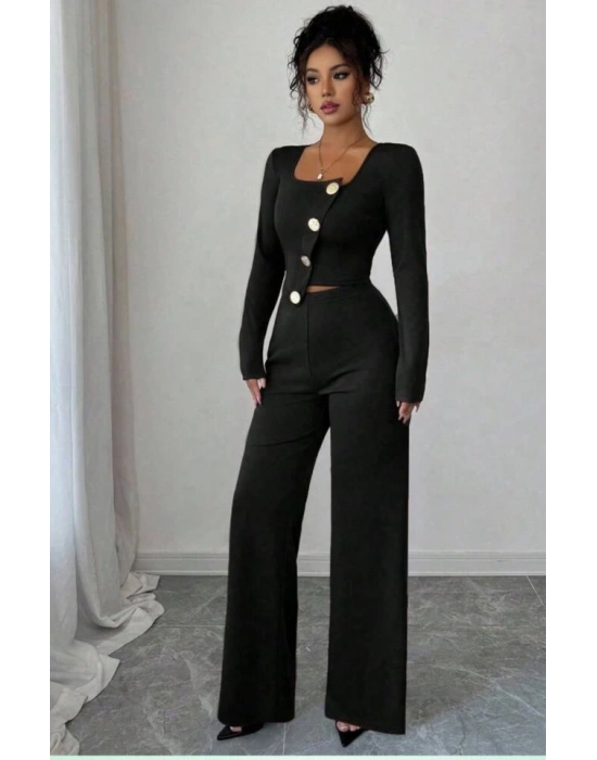 Kadın Uzun Kol Kare Yaka Asimetrik Düğme Detay Bluz Ve Yüksek Bel Pantolon Ikili Takım