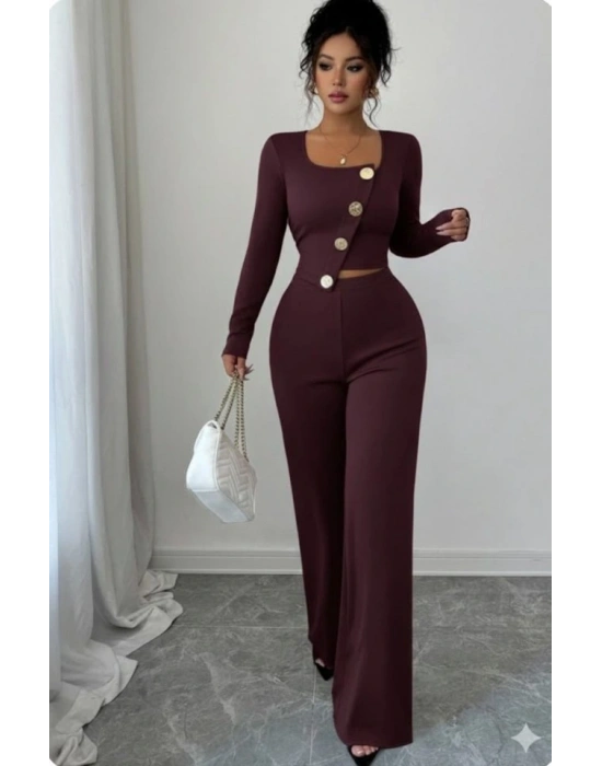 Kadın Uzun Kol Kare Yaka Asimetrik Düğme Detay Bluz Ve Yüksek Bel Pantolon Ikili Takım