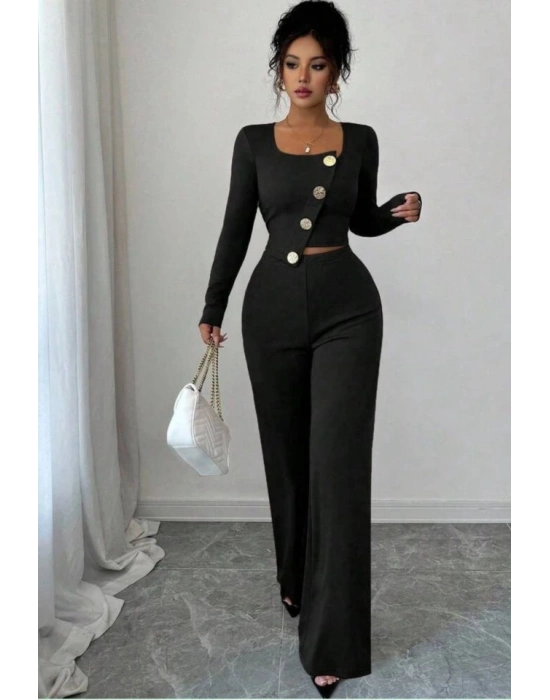 Kadın Uzun Kol Kare Yaka Asimetrik Düğme Detay Bluz Ve Yüksek Bel Pantolon Ikili Takım