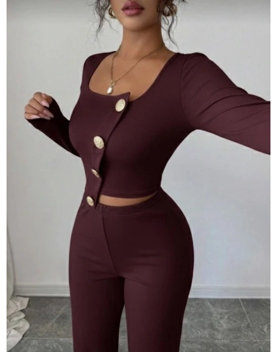 Kadın Uzun Kol Kare Yaka Asimetrik Düğme Detay Bluz Ve Yüksek Bel Pantolon Ikili Takım