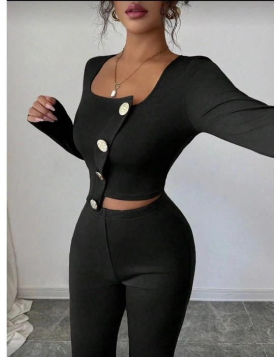 Kadın Uzun Kol Kare Yaka Asimetrik Düğme Detay Bluz Ve Yüksek Bel Pantolon Ikili Takım