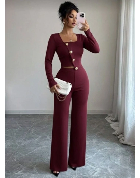 Kadın Uzun Kol Kare Yaka Asimetrik Düğme Detay Bluz Ve Yüksek Bel Pantolon Ikili Takım