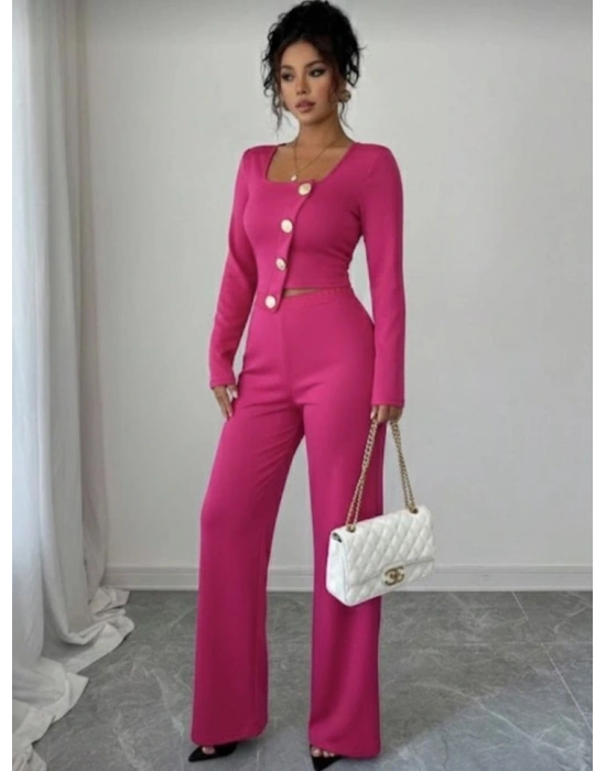 Kadın Uzun Kol Kare Yaka Asimetrik Düğme Detay Bluz Ve Yüksek Bel Pantolon Ikili Takım