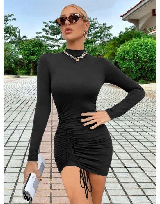 Kadın Uzun Kol Sağ Belden Sol Etek Ucuna Doğru Hafif çapraz Büzgülü Sandy Mini Boy Elbise