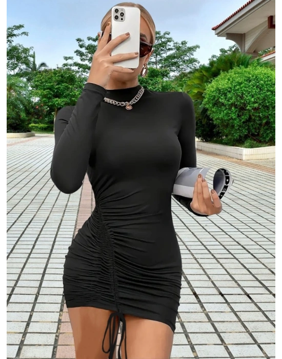 Kadın Uzun Kol Sağ Belden Sol Etek Ucuna Doğru Hafif çapraz Büzgülü Sandy Mini Boy Elbise