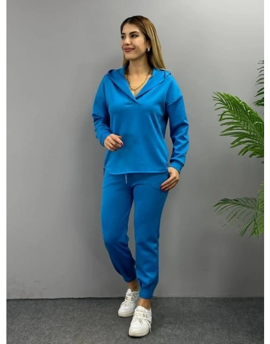 Kadın Uzun Kol V Yaka Kapüşon Detay Sweat Ve Yüksel Bel Eşofman Ikili Takım