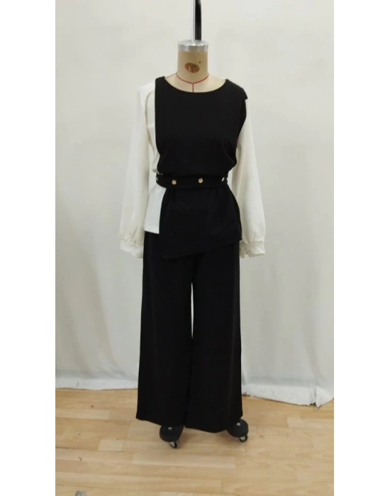 Kadın Uzun Kollu Açık Yakalı çift Renkli Kemerli Ithal Krep Ikili Takım