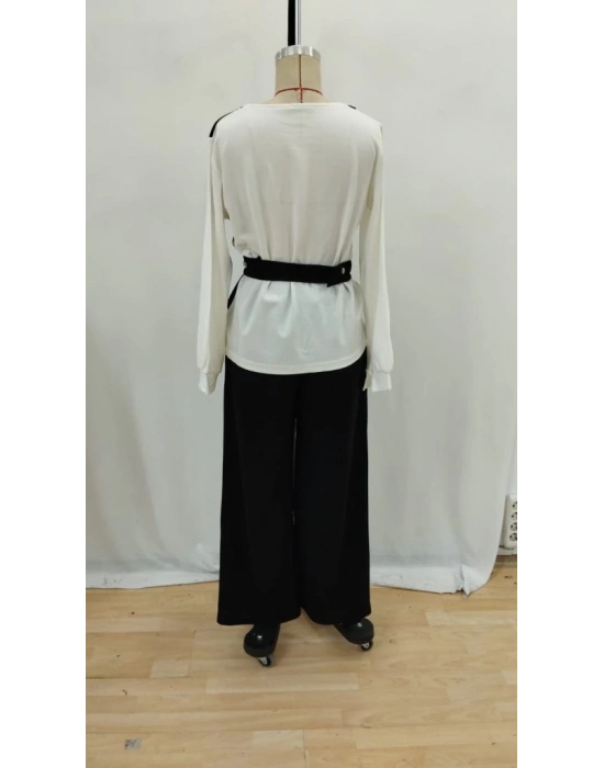 Kadın Uzun Kollu Açık Yakalı çift Renkli Kemerli Ithal Krep Ikili Takım