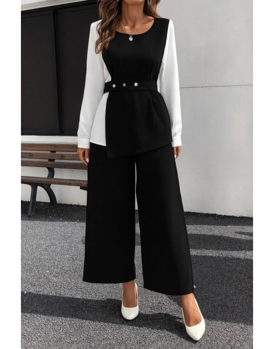 Kadın Uzun Kollu Açık Yakalı çift Renkli Kemerli Ithal Krep Ikili Takım