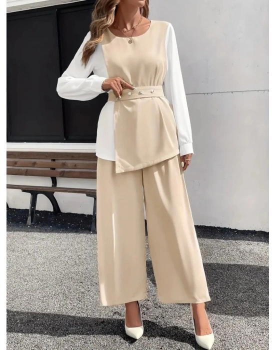 Kadın Uzun Kollu Açık Yakalı çift Renkli Kemerli Ithal Krep Ikili Takım