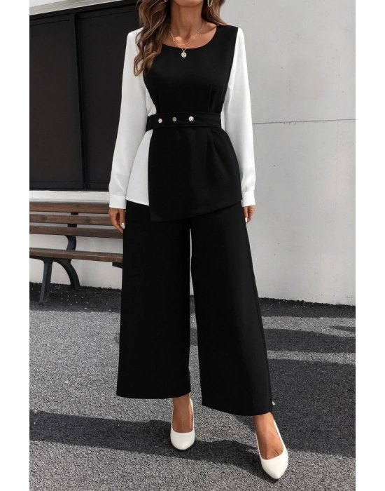 Kadın Uzun Kollu Açık Yakalı çift Renkli Kemerli Ithal Krep Ikili Takım